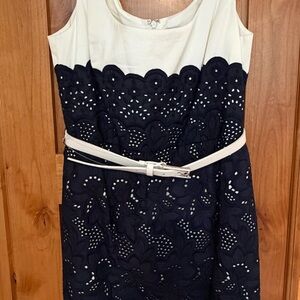 ANTONIO MELANI white and blue Sleeveless Fit-and-Flare Dress